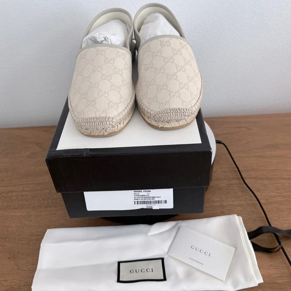 Gucci Mens GG Monogram Canvas Espadrilles White Beige 466903 US 8
